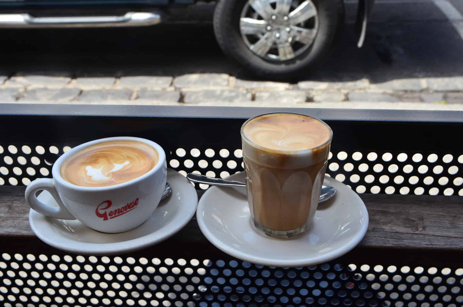 Glass_of_Coffee_Latte_with_Pastry|Flat White and Latte side by side